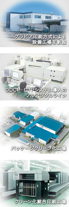 グラビア印刷方式による整備工場を新設。DDCP・CTPシステム導入のフルデジタルライン。パッケージクリーン化工場。クリーン化総合印刷工場。