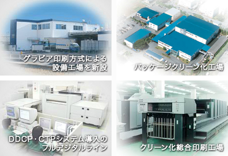 グラビア印刷方式による整備工場を新設。DDCP・CTPシステム導入のフルデジタルライン。パッケージクリーン化工場。クリーン化総合印刷工場。